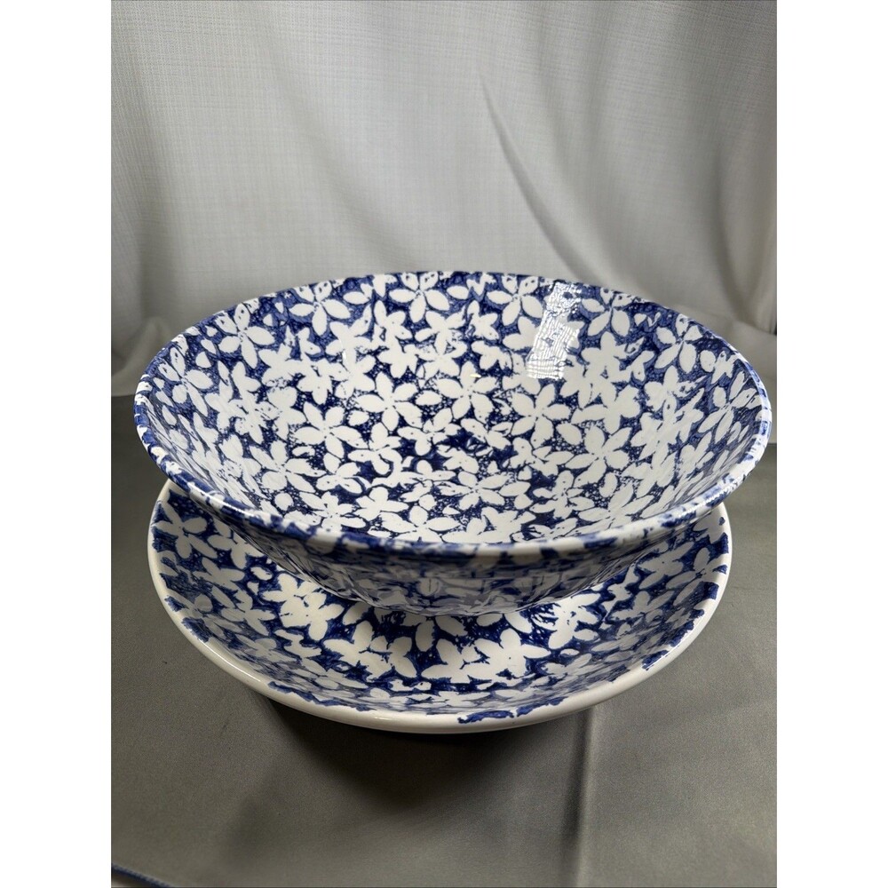 Vintage Pier 1 Italy Hand Painted Blue White Floral Serving Bowls 12" Set of 2